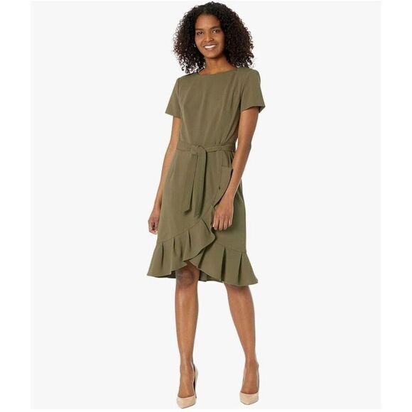 Calvin Klein Women's 6 Ruffle Hem Wrap Dress Solid Olive Green Flounce Cocktial - Picture 4 of 12